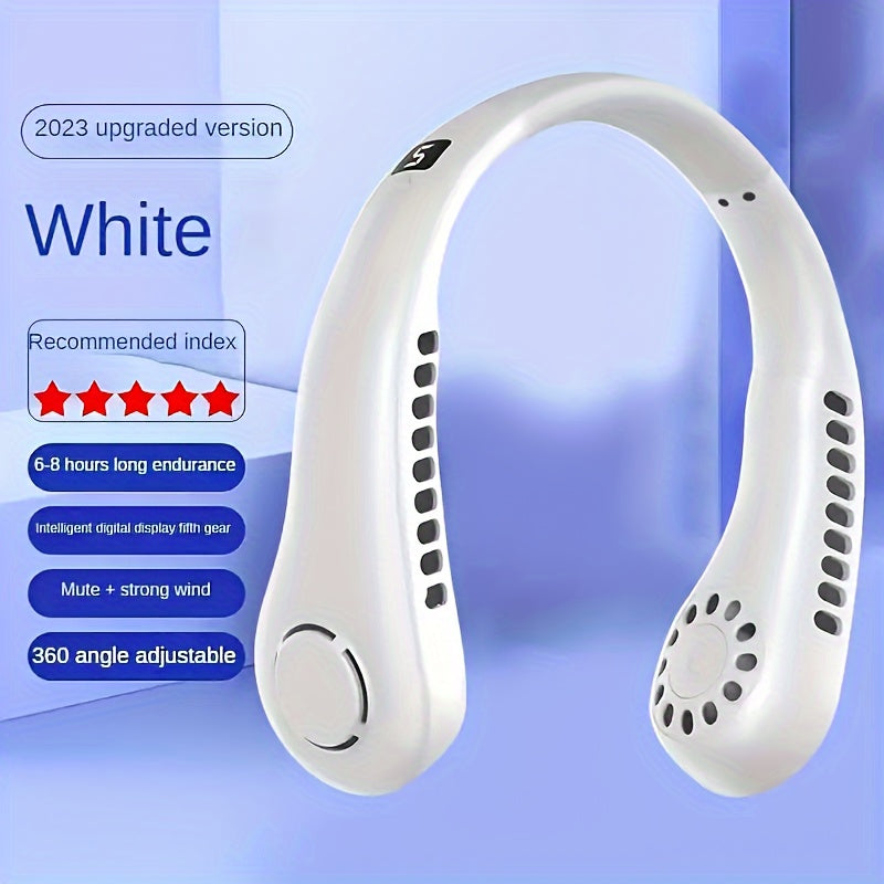 Person wearing portable bladeless neck fan for hot weather UAE