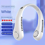 Person wearing portable bladeless neck fan for hot weather UAE