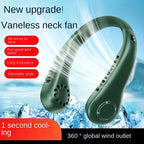 Person wearing portable bladeless neck fan for hot weather UAE