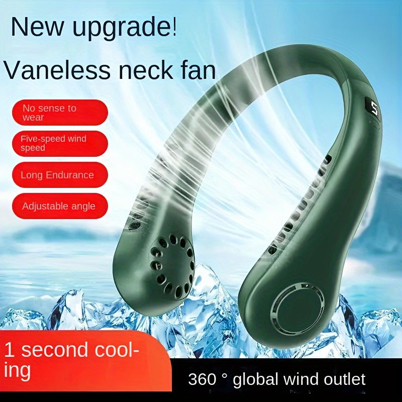 Person wearing portable bladeless neck fan for hot weather UAE