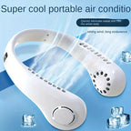 Person wearing portable bladeless neck fan for hot weather UAE