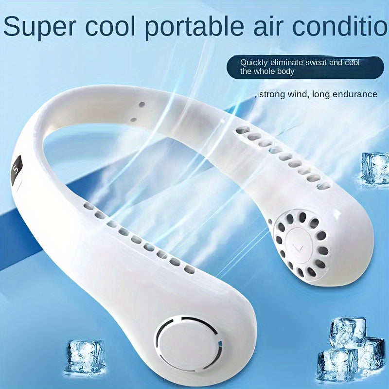 Person wearing portable bladeless neck fan for hot weather UAE